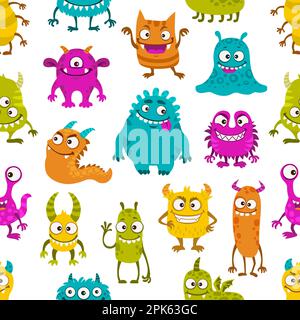 Nahtloses Muster mit lustigen Monsterfiguren. Vektor wiederholte Hintergrund mit niedlichen Comic-Kreaturen, fröhlichen halloween-Persönlichkeiten. Ornament wi Stock Vektor