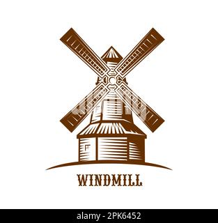 Windmühlen-Ikone einer Vektormühle mit altem Holzturm, Segeln und Windbrettern. Ländlicher Bau einer Windmühle isoliertes braunes Schild für Weizenmehl oder br Stock Vektor