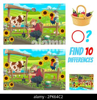 Finde zehn Unterschiede zwischen Landwirten auf dem Spielfeld, bei Spielquiz für Kinder und bei Vektor-Cartoon-Rätseln. Ein Farmgärtner mit Kuh und Hahn, die Gemüse Pflanzen, Kinder Stock Vektor
