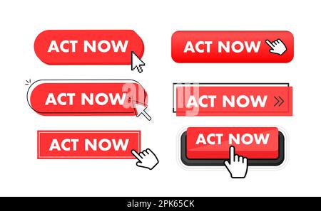 Set of Act NOW (Set of Act NOW). Klicken des Handzeigers. Jetzt handeln Web Buttons Stock Vektor