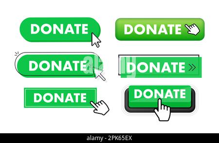Set der Schaltfläche „Spenden“. Klicken des Handzeigers. Web-Schaltflächen spenden Stock Vektor