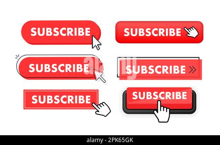 Set der Schaltfläche „Abonnieren“. Klicken des Handzeigers. Web-Schaltflächen abonnieren Stock Vektor