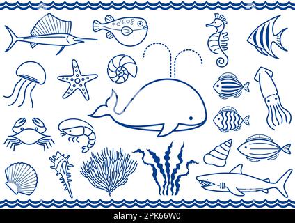 Vector Marine Life Illustration Set isoliert auf weißem Hintergrund. Stock Vektor