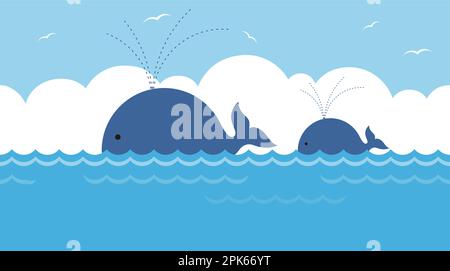 Vector Blue Whale Family In The Sea Seamless Background Illustration Mit Blue Sky, White Clouds Und Text Space. Horizontal Wiederholbar. Stock Vektor