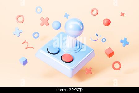 Cartoon Game Control Stick im blauen Hintergrund, 3D-Rendering. Digitale Zeichnung. Stockfoto
