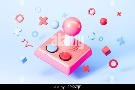 Cartoon Game Control Stick im blauen Hintergrund, 3D-Rendering. Digitale Zeichnung. Stockfoto