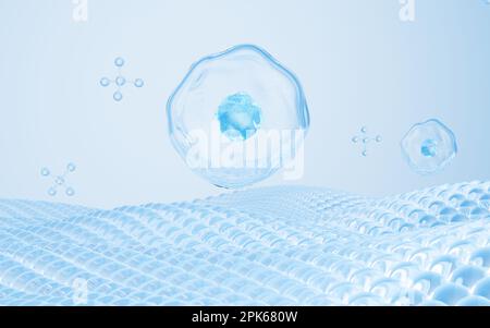 Schwimmende Zellen und Moleküle auf der Haut, Biologie und kosmetische Medizin Konzept, 3D-Rendering. Digitale Zeichnung. Stockfoto