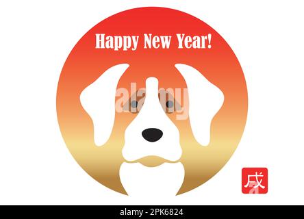 Vorlage für „das Jahr des Hundes“-Vektor-Neujahrskarte mit aufsteigender Sonne und Hundegesicht isoliert auf weißem Hintergrund. Textübersetzung - Hund. Stock Vektor