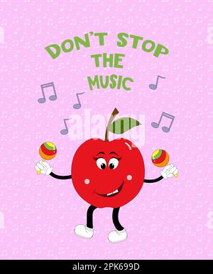 Ein fröhlicher Apfel spielt Musikinstrumente. Postkartenvorlage mit musikalischem Thema. Stock Vektor