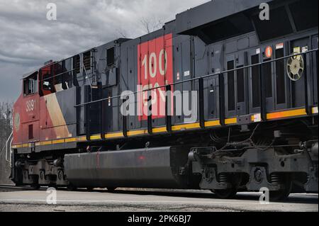 Dundee, Illinois, USA. Eine Lokomotive der Canadian National Railway führt einen intermodalen Güterzug durch ein Nebengleis im ländlichen Teil von Illinois. Stockfoto