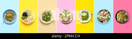 Collage aus gesunden Salaten auf farbigem Hintergrund, Draufsicht Stockfoto