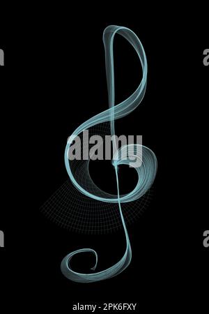 Darstellung einer Musiknote aus wellenförmigen Linien auf schwarzem Hintergrund Stockfoto
