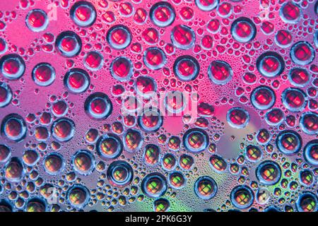 Farbige Lichter unter einer Glasplatte mit Tauperlen, abstraktes Grafikdesign. Stockfoto