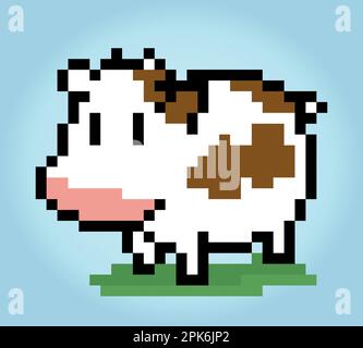 8-Bit-Pixel-Kuh. Tiere für Spielelemente in Vektorbildern. Kuh Mit Kreuzstich-Muster Stock Vektor