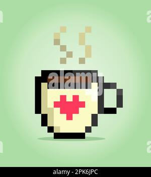 8-Bit-Pixel-Logo für Kaffeetasse. Die Vektordarstellung für das Spielsymbol „Trink in“. Stock Vektor