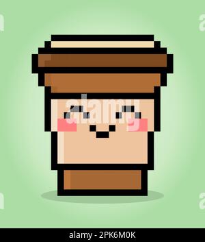 8-Bit-Pixel-Kaffeetasse Kawaii. Die Vektordarstellung für das Spielsymbol „Trink in“. Stock Vektor