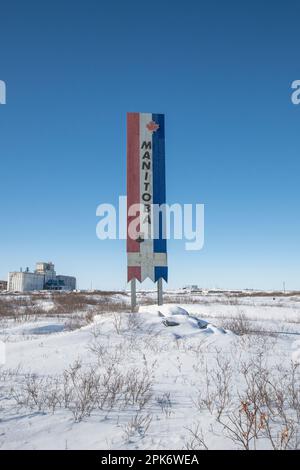 Manitoba-Schild in der Innenstadt von Churchill, Manitoba, Kanada Stockfoto