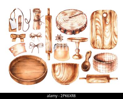 Aquarell-Set aus Backen- und Küchengeräten aus Holz. Isolierte Gruppe auf weißem Hintergrund. Illustration für das Design von Postkarten, Bannern, Flyern, mir Stockfoto