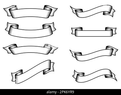 Elegantes, einfaches, breites Vintage-Tattoo-Band-Banner-Set fließende, leere Linienvektoren isoliert auf weißem Hintergrund Stock Vektor
