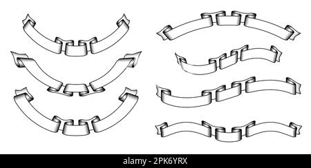 Elegantes, einfaches, breites Vintage-Tattoo-Band-Banner-Set fließende, leere Linienvektoren isoliert auf weißem Hintergrund Stock Vektor
