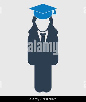 Symbol Für Graduate Student. Symbol für stehende Frau auf grauem Hintergrund. Flache Vektor-EPS. Stock Vektor