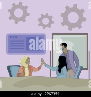 Flaches Design eines stehenden Mannes und zweier sitzender Frauen im Gespräch Stock Vektor