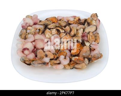 Gefrorener Meerescocktail aus Garnelen, Kraken, Tintenfisch und Muscheln isoliert. Isoliert auf weiß Stockfoto