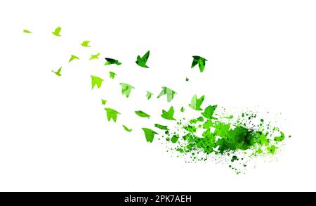 Eine Herde fliegender Vögel. Freie Vögel grün. Abstraktionsvögel aus Blotten. Vektordarstellung Stock Vektor