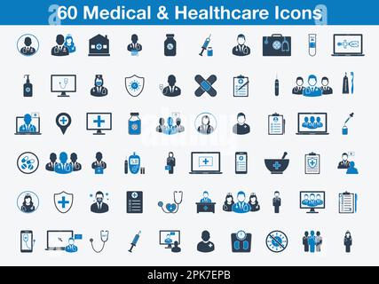 60 Medizinische und Gesundheitssymbole mit Arzt, Krankenschwester, Chirurg, Medizinzeichen. Bearbeitbare Vektor-EPS-Symboldarstellung. Stock Vektor