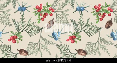 Weihnachtliches Nahtmuster mit Beerenblümchen. Aquarell, botanische Darstellung. Farbenfroh. Cowberry, Wacholderbeere. Stockfoto