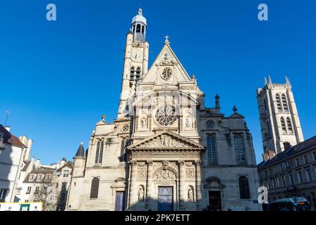 Paris, Frankreich, die Fassade von Saint Etienne du Mont oder Saint-Etienne-du-Mont, eine mittelalterliche Kirche im Quartier latin von Paris. Stockfoto