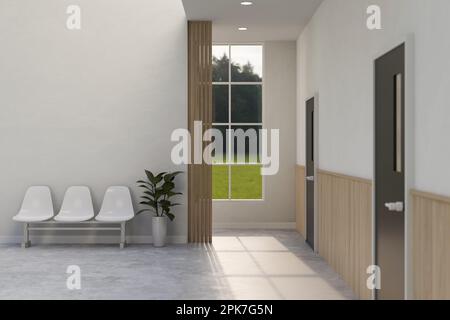 Moderner minimaler Klinik- oder Krankenhausflur mit Innenausstattung des Wartebereichs. Wartender Sitz, Innenanlage, Arztpraxis. 3D-Rendering, 3D-Abbildung Stockfoto