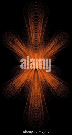 Fraktaler Burst-Hintergrund. Schwarz und orange. Abstraktes Vektordesign. Orangefarbene Linien im dunklen Raum. Dekoratives Muster für übergroße Innenwände. Stockfoto