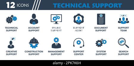 Symbolgruppe Des Technischen Supports. Sammlung von Technologie, Konto, Online, Kreativ, Bauwesen, Management, Systemhilfe und Teamsymbole. Bearbeitbarer Vektor Stock Vektor