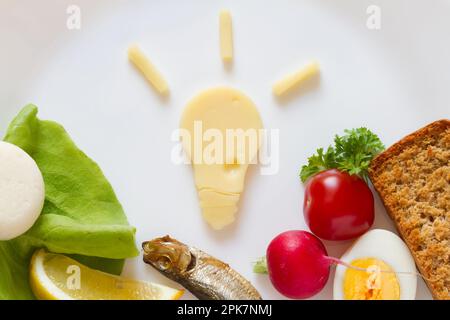 Eine Idee zur Inspiration für Speisen, eine Glühbirne aus Käse und Lebensmittelprodukte auf dem Teller Stockfoto