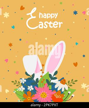 Osterschrift. Ostergrußkarte mit Hasenohren und Blumen auf orangefarbenem Hintergrund. Vector . Ostergrußkarte Stock Vektor