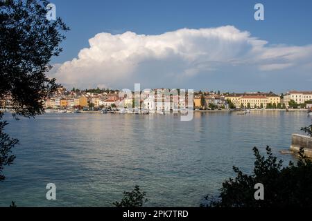 ROVINJ, KROATIEN - 15. MAI 2022 die Altstadt aus der Ferne gesehen zwischen den Tees mit klarem blauem Wasser Stockfoto