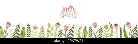 Horizontales weißes Banner oder geblümter Hintergrund mit blühenden Blumen und Blattrand. Darstellung des botanischen Vektors der Feder, isoliert auf Weiß Stock Vektor