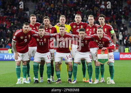 Budapest, Ungarn. 27. März 2023. Ungarische Nationalmannschaft während des 2024-Qualifikationsrunden-Spiels zwischen Ungarn und Bulgarien in der Puskas Arena. Endergebnis: Ungarn 3:0 Bulgarien. Kredit: SOPA Images Limited/Alamy Live News Stockfoto