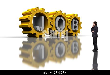 Geschäftsmann, die große goldene Zahnräder mit Silber Job Text betrachten Stockfoto