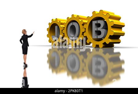 Geschäftsfrau, die auf große gold Zahnräder mit Silber Job text Stockfoto