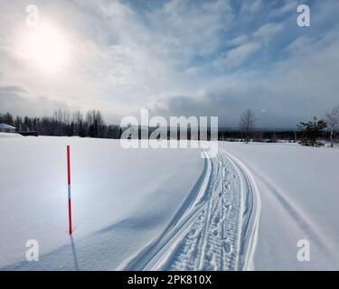 Skipiste im Norden Schwedens mit roten reflektierenden Markierungen. Stockfoto