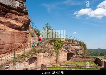 Wanderer auf den Burgruinen Drachenfels im Naturpark Pfalz, Busenberg, Pfalz, Rheinland-Pfalz, Deutschland, Europa Stockfoto