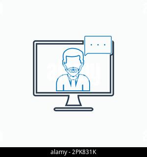 Symbol für Online-Business-Support mit weiblichem Symbol und Computerbildschirm. EPS-Vektor für Linienart. Stock Vektor