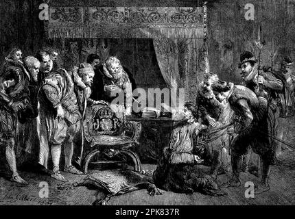 Sir John Gilberts (1817-1897) Darstellung von Guy Fawkes (1570-1606), der in der Schlafkammer von James I in Whitehall verhört wird. Fawkes gab seine Absicht zu, das Oberhaus in die Luft zu jagen, und bedauerte, dass er dies nicht tat. Seine unerschütterliche Art verdiente ihm die Bewunderung von König James, aber das hinderte ihn nicht daran, zu befehlen, dass er gefoltert wird, um die Namen seiner Mitverschwörer preiszugeben. Stockfoto