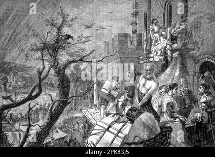 William Bell Scotts (1811-1890) Illustration des Schlosses in Newcastle-upon-Tyne. Die mittelalterliche Festung gab der Stadt ihren Namen. Heinrich II. Baute zwischen 1172 und 1177 einen rechteckigen Steinberg mit dem großen äußeren Tor zur Burg, das „Schwarze Tor“ genannt wird, wurde später, zwischen 1247 und 1250, in der Herrschaft von Heinrich III. Erbaut Stockfoto