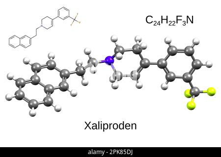 Chemische Formel, Skelettformel und 3D-Kugel-Stab-Modell eines Serotonin-A-Rezeptoragonisten, Xaliproden, weißer Hintergrund Stockfoto