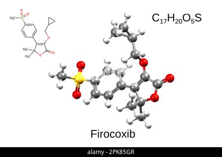 Chemische Formel, Strukturformel und 3D-Ball-and-Stick-Modell von Firocoxib, einem COX-2-Inhibitor für veterinärmedizinische Zwecke, weißer Hintergrund Stockfoto