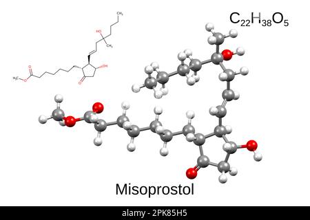 Chemische Formel, Strukturformel und 3D-Ball-and-Stick-Modell von Misoprostol, einem synthetischen Prostaglandinmedikament, weißer Hintergrund Stockfoto