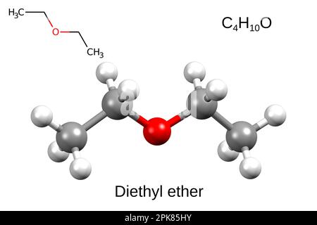 Chemische Formel, Skelettformel und 3D-Kugel-Stab-Modell des Diäthyläthers, weißer Hintergrund Stockfoto
